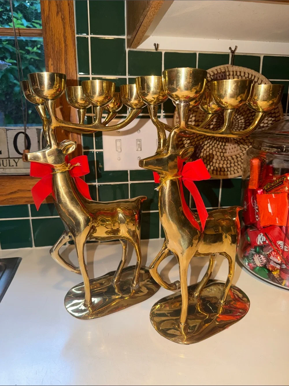 Vintage Large Solid Brass Reindeer Candelabra - 6 Cup Antler Candle Holders